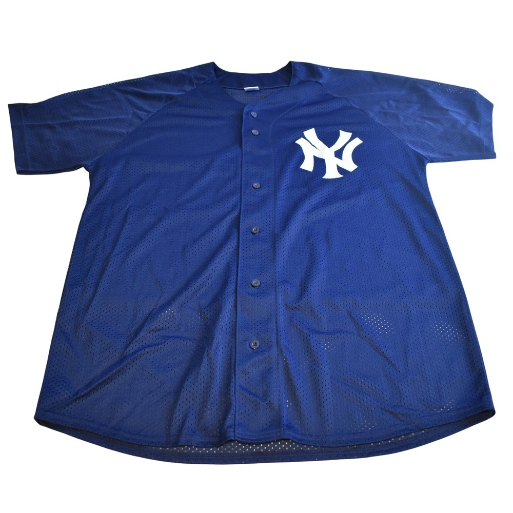Russell Athletic Baseball Jersey Mens Large Blue Good Yankees Mesh Button Up
